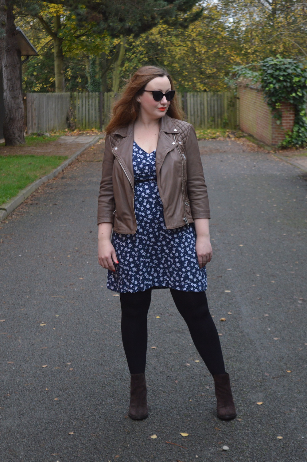 Floral Dress and Leather Biker Jacket