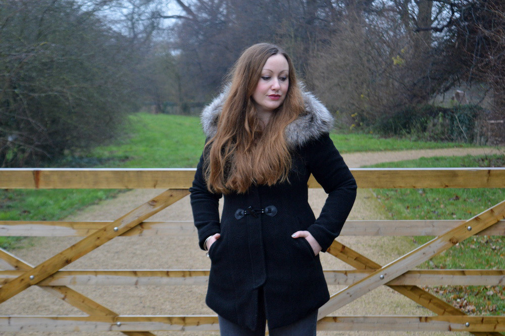 Black Duffle Coat Outfit JacquardFlower