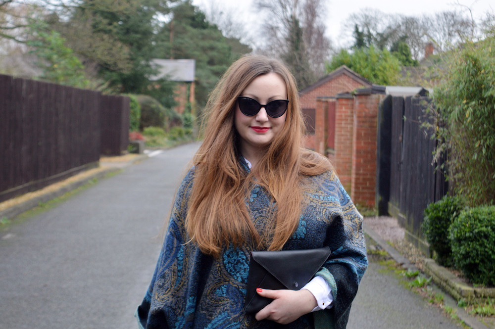 Blanket Cape and white Shirt Outfit