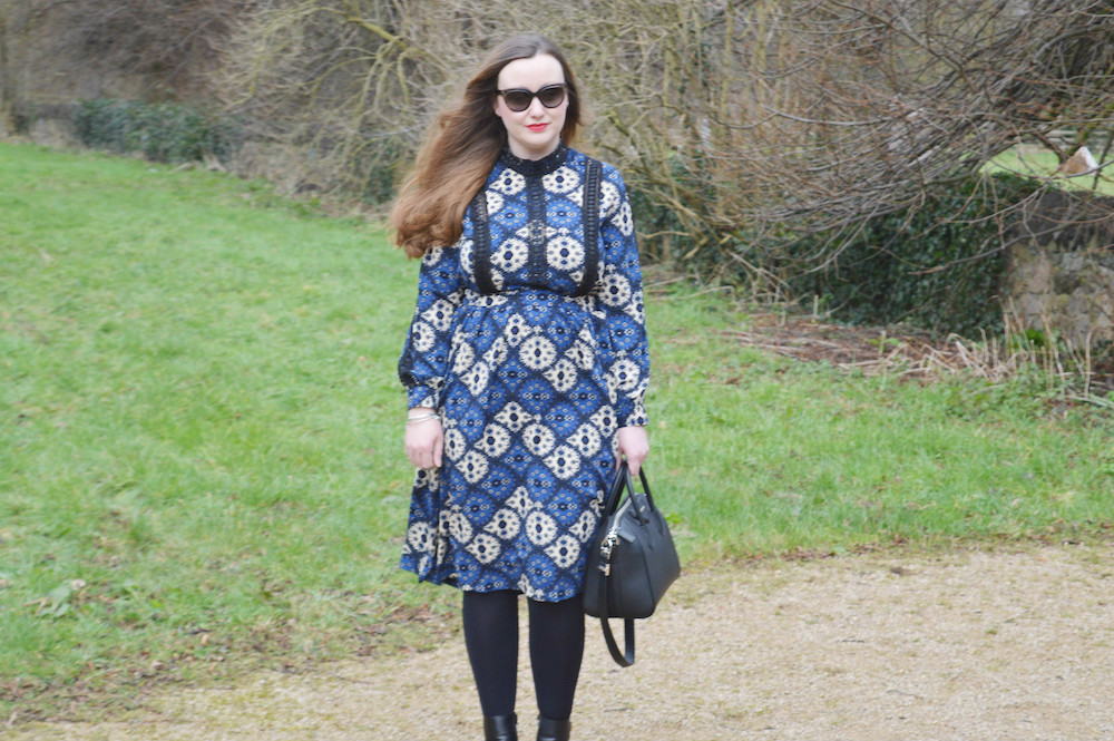 blue and white patterned winter dress