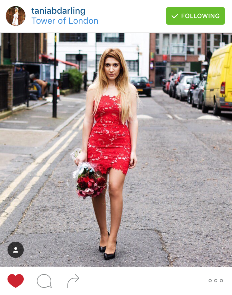 Red lace dress blogger