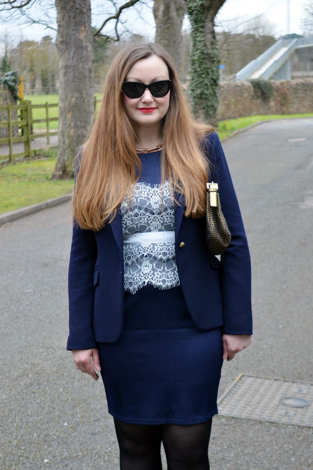Navy and white office outfit