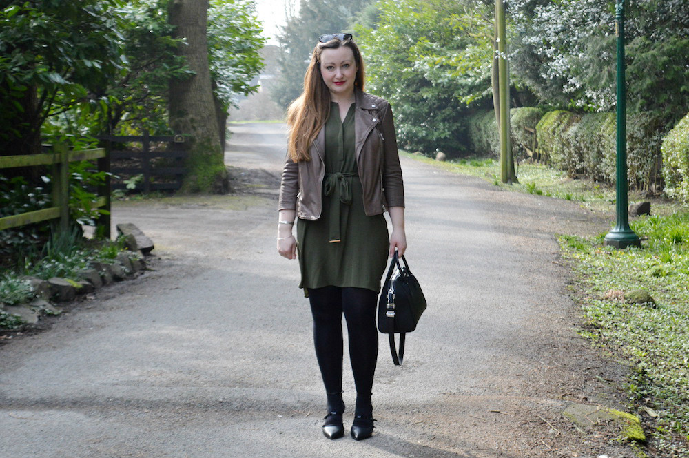 Khaki Shirt Dress and Biker Jacket Outfit JacquardFlower