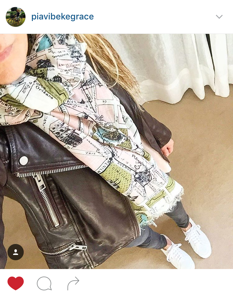 Printed scarf and biker jacket outfit
