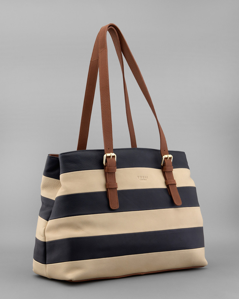 Yoshi Marty Stripe Navy and Cream Leather Shoulder Bag