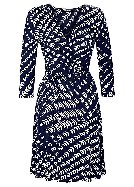 Navy and white printed wrap dress