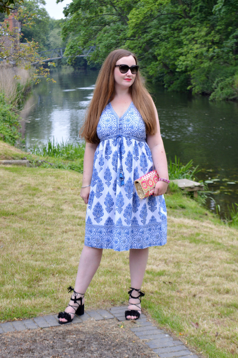 Blue and white printed sun dress