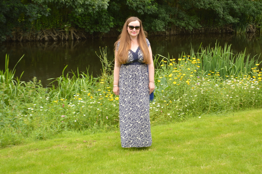Navy floral and crochet maxi dress