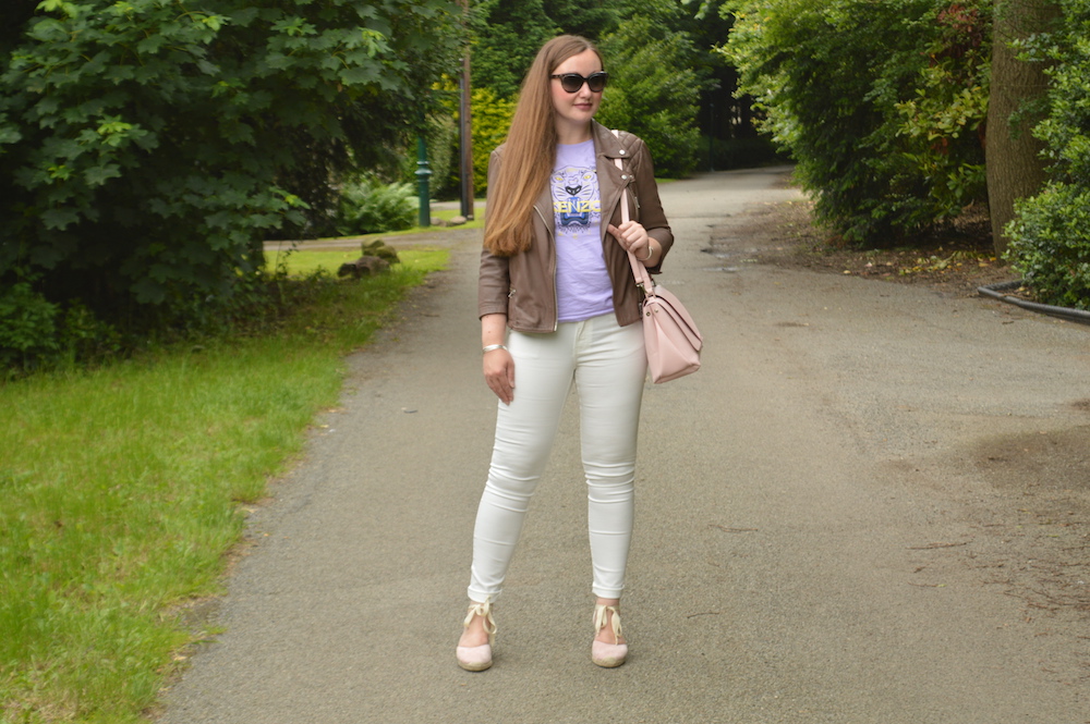White jeans and biker jacket