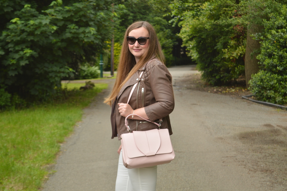 Pink leather handbag outfit