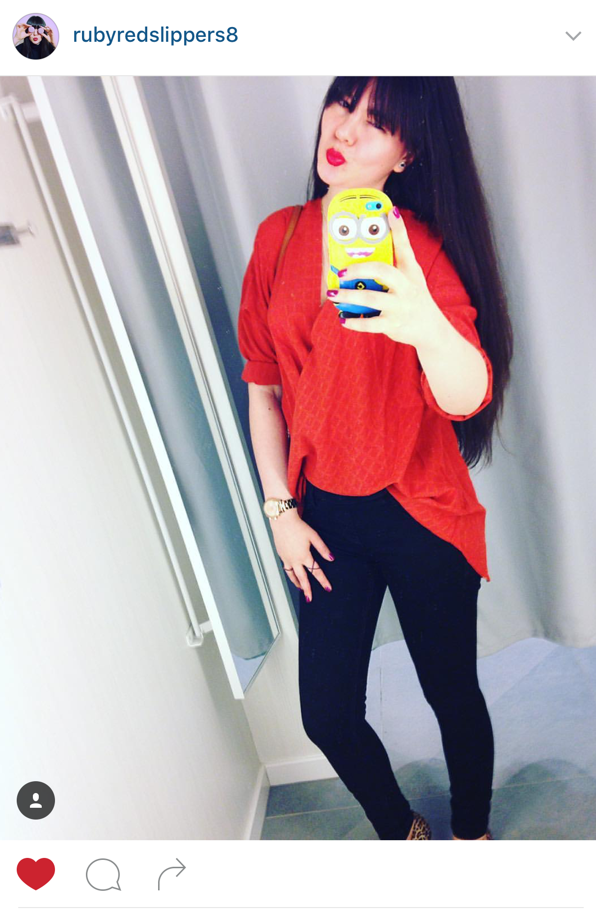Red top black jeans outfit