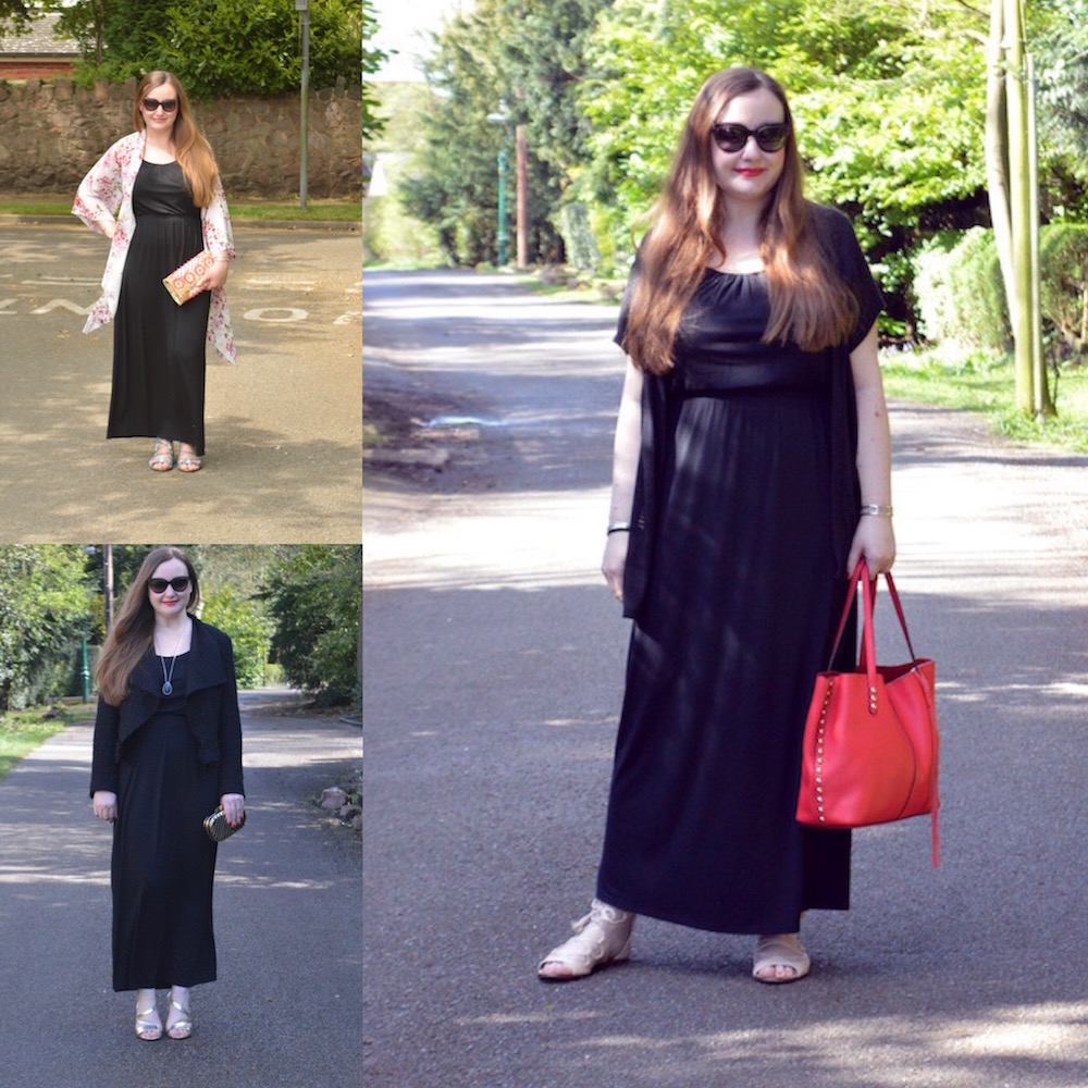 Three ways to wear a black maxi dress