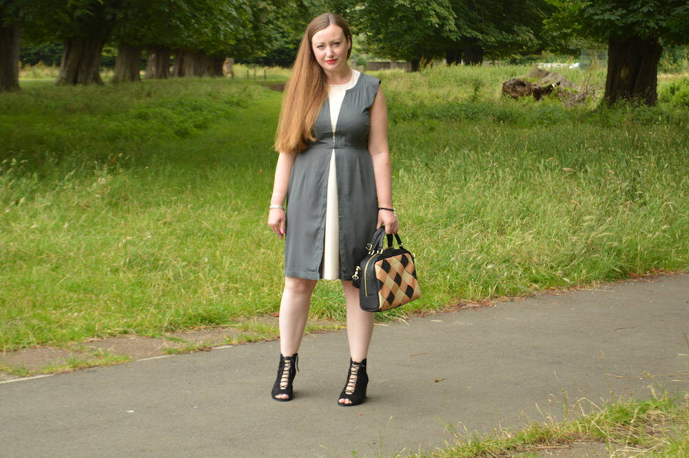 Grey Midi dress outfit with statement bag