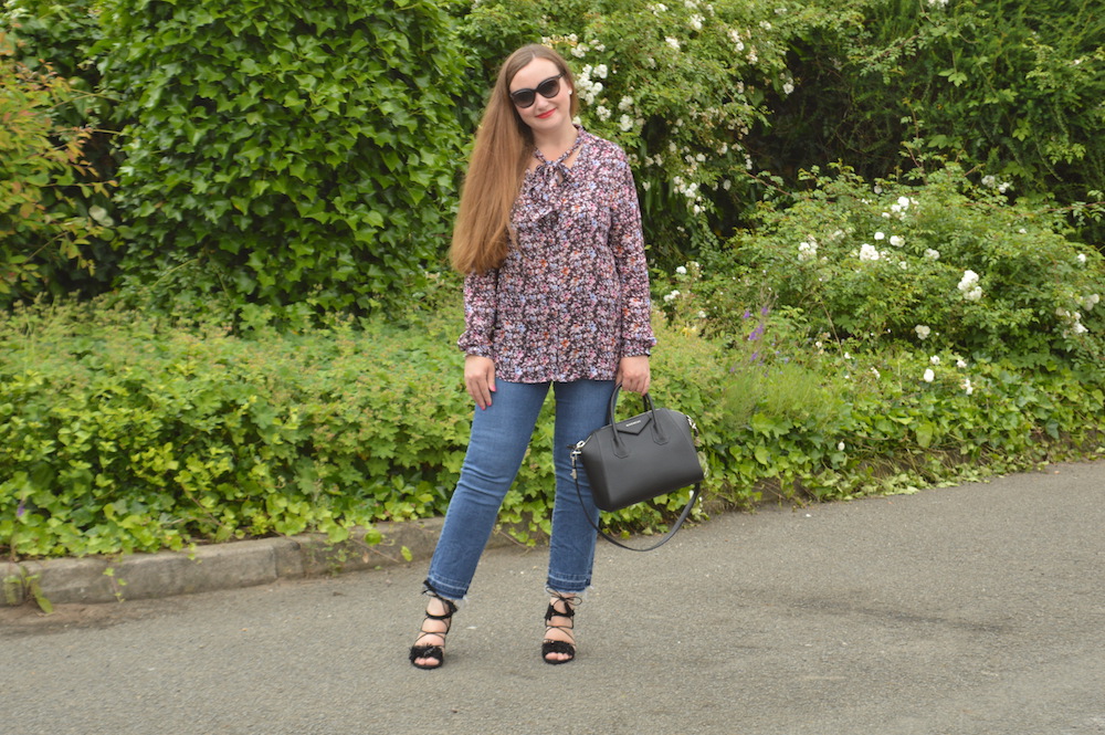 Zara floral blouse and jeans
