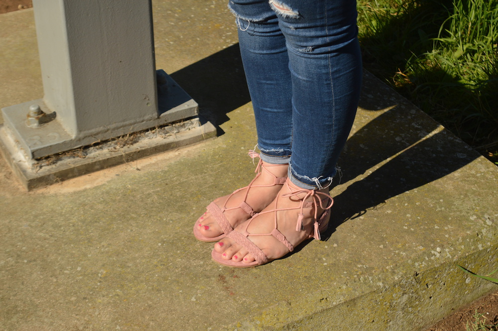 Pink lace up flat sandals