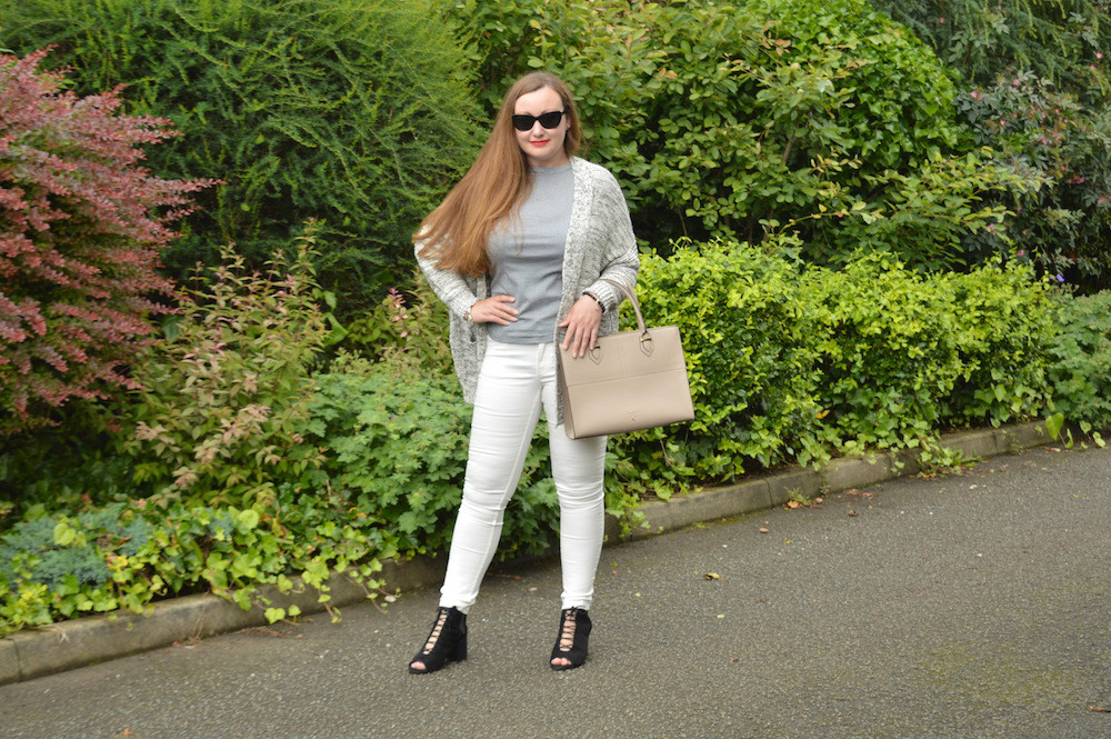 White jeans with striped t-shirt and cardigan