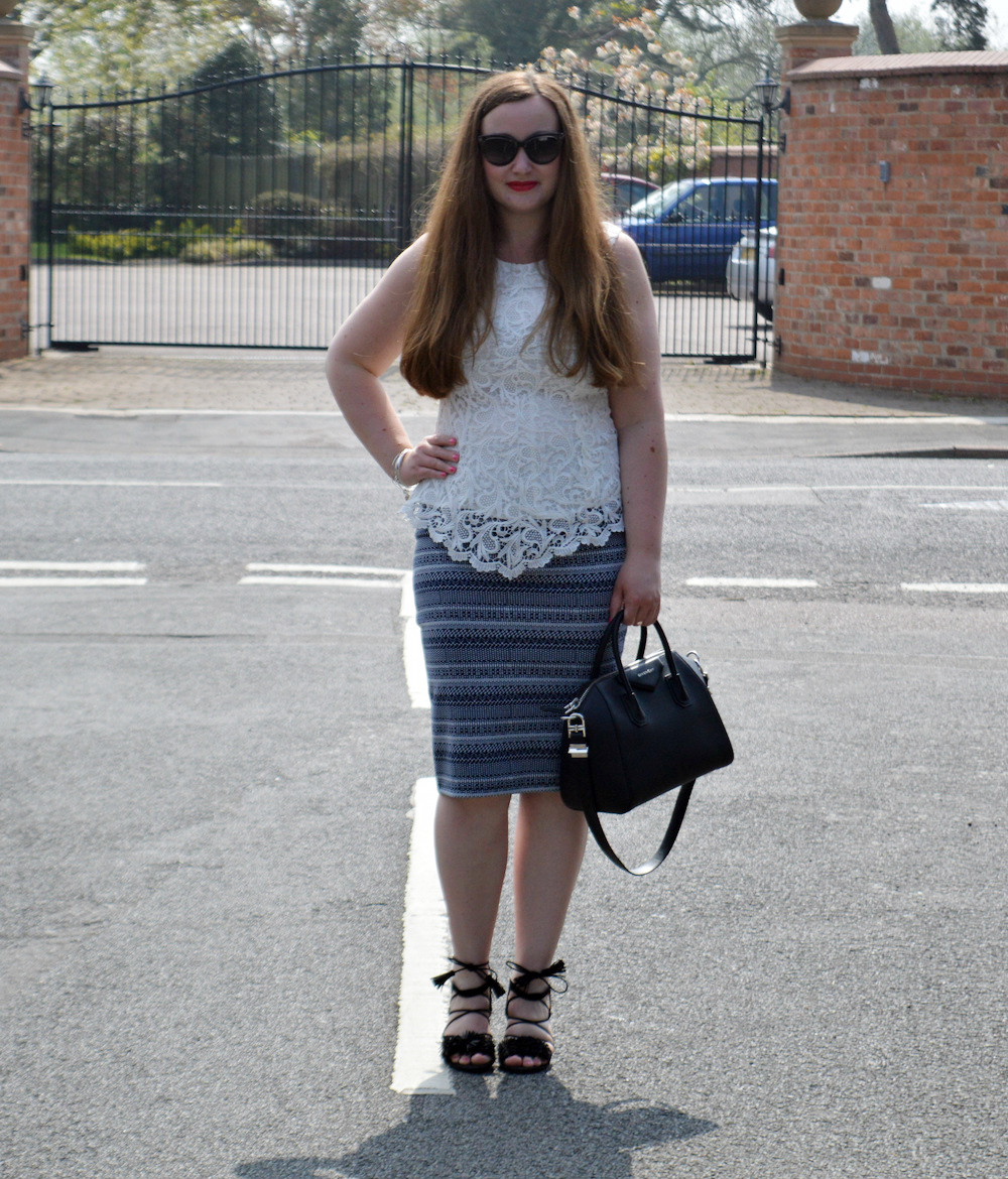 Lace peplum top and pencil skirt