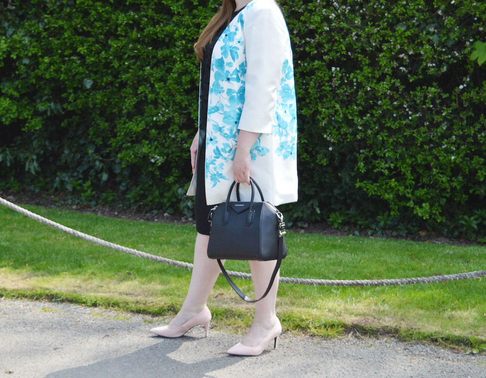 Floral coat with black pencil skirt