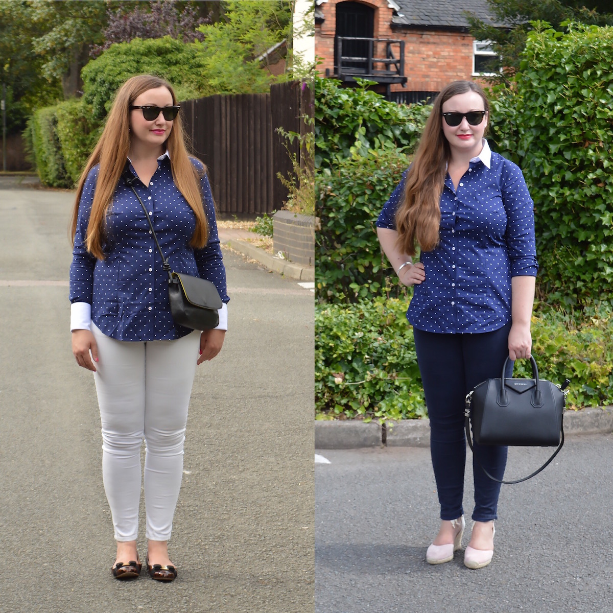 blue polka dot shirt outfit