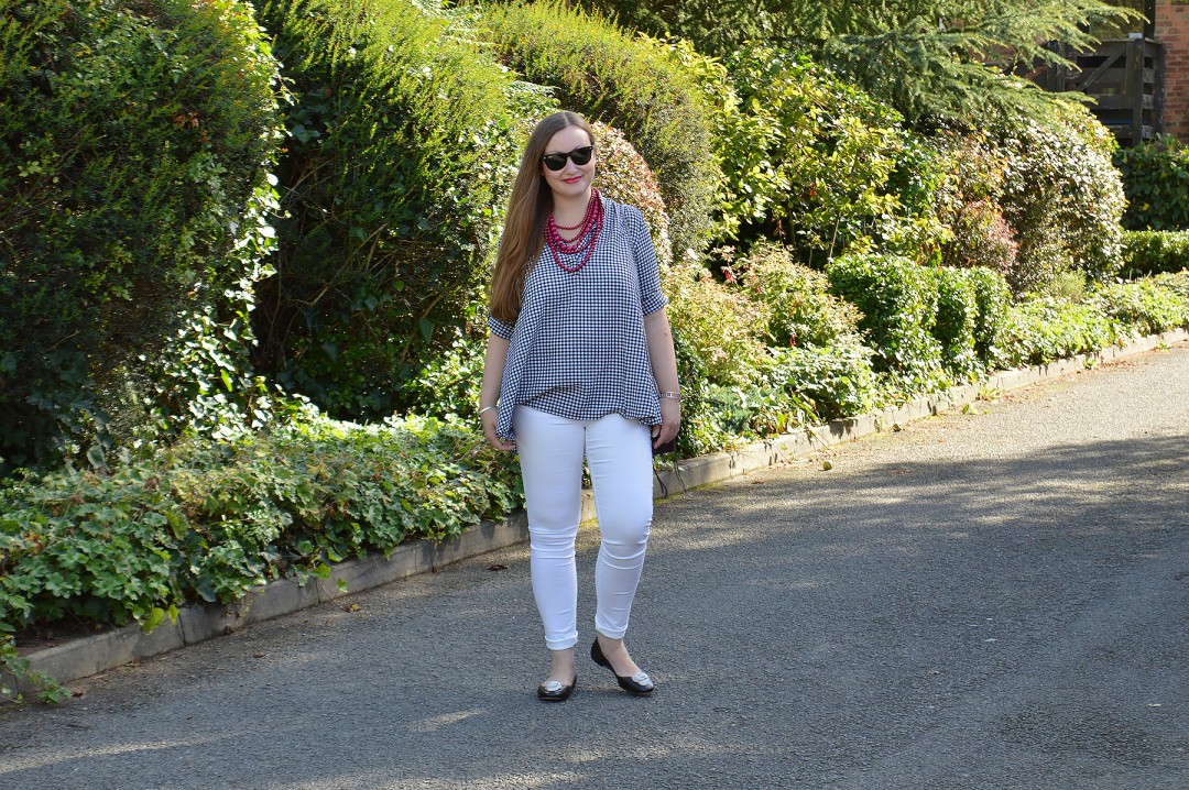 Gingham Top, White Jeans, Burgundy Bag