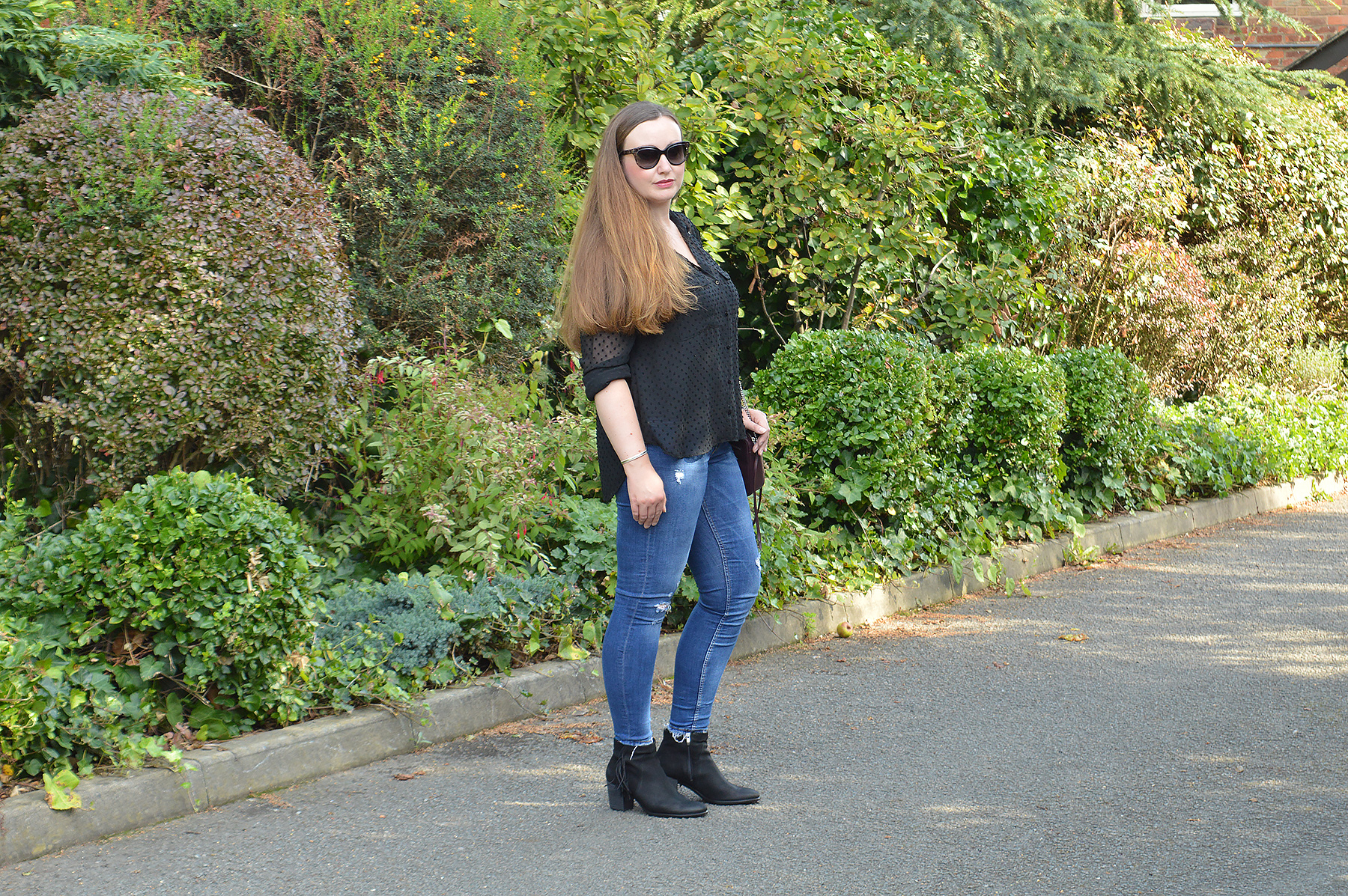 Black Shirt and distressed Jeans Outfit