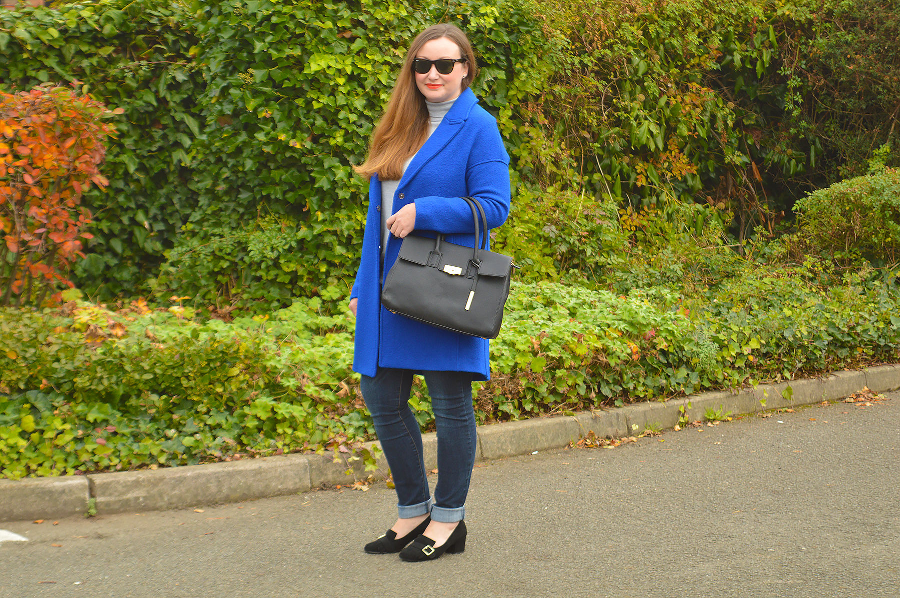 Black jeans blue coat shop