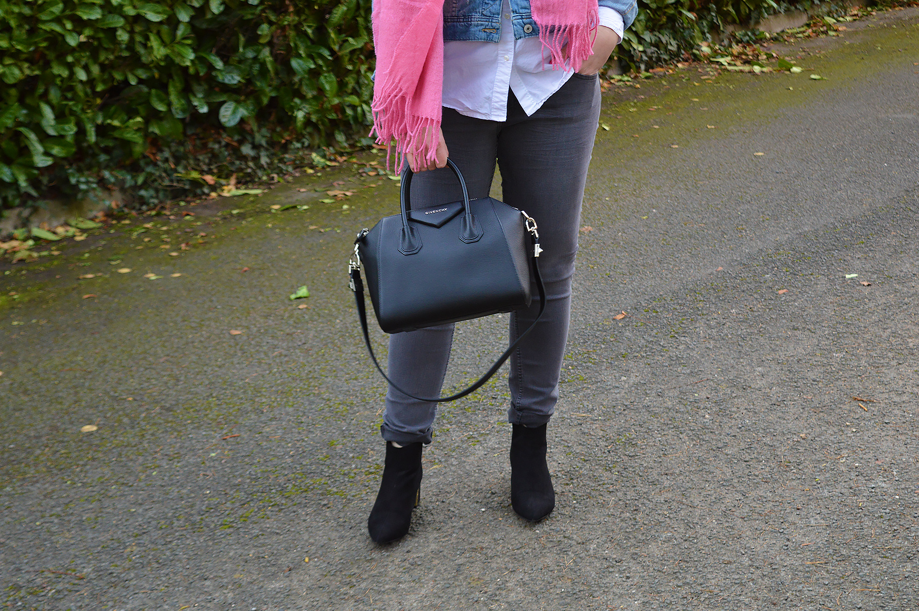 Pink scarf with grey jeans and givenchy antigona