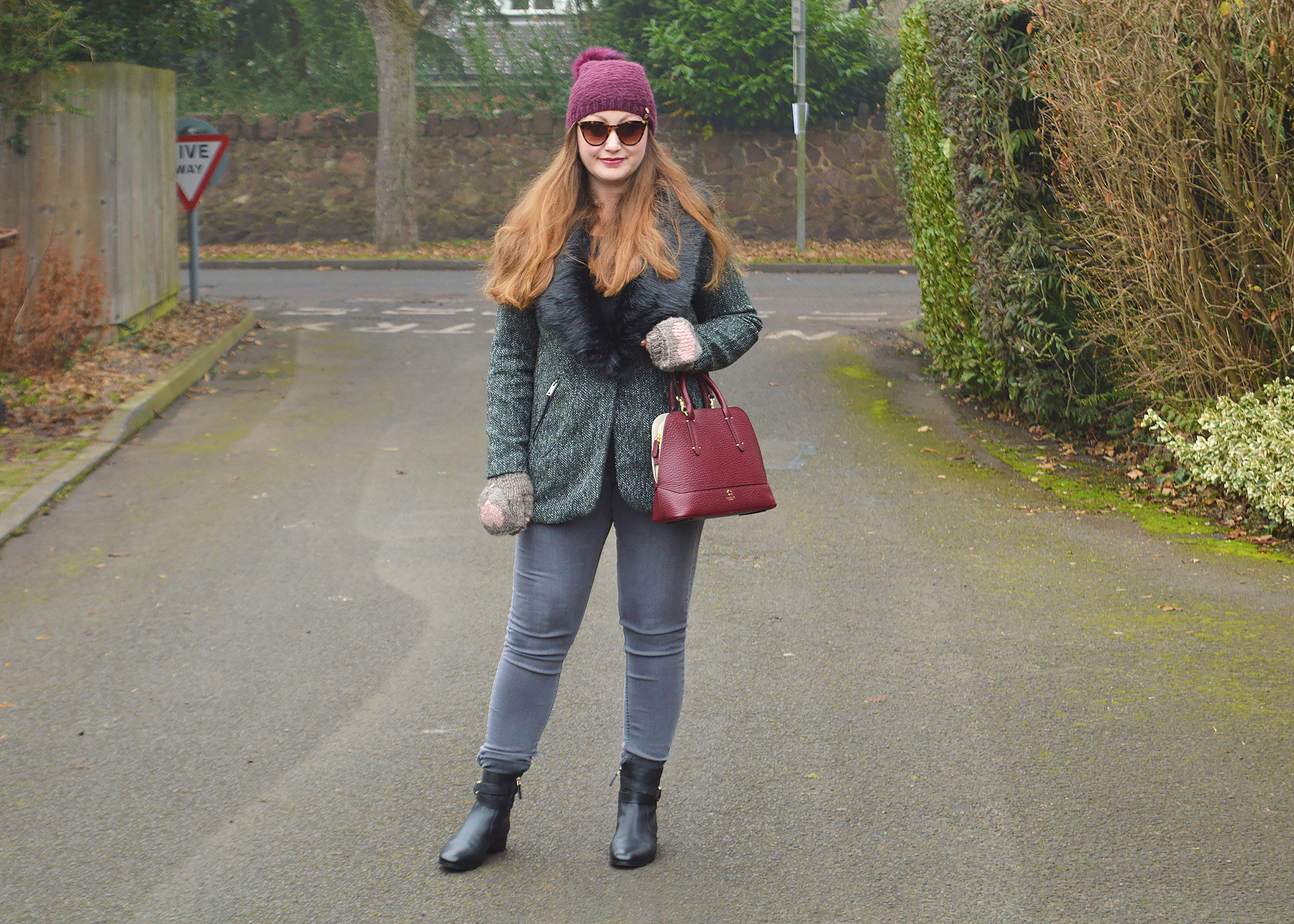 Green Jacket With Burgundy accessories