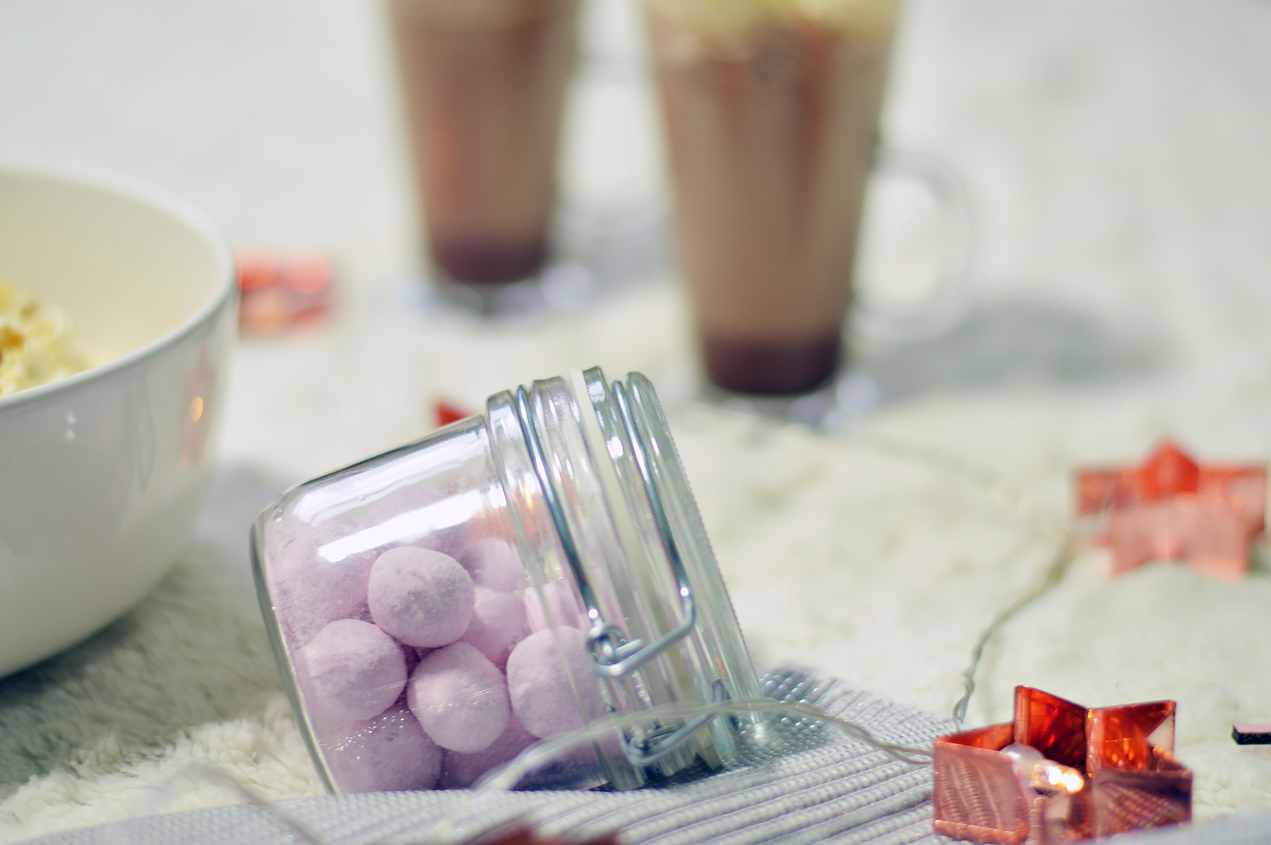 Pink Bon Bons in a jar for movie night
