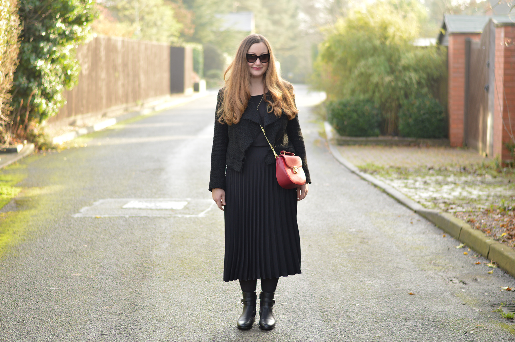 Midi Skirt with flat ankle boots outfit