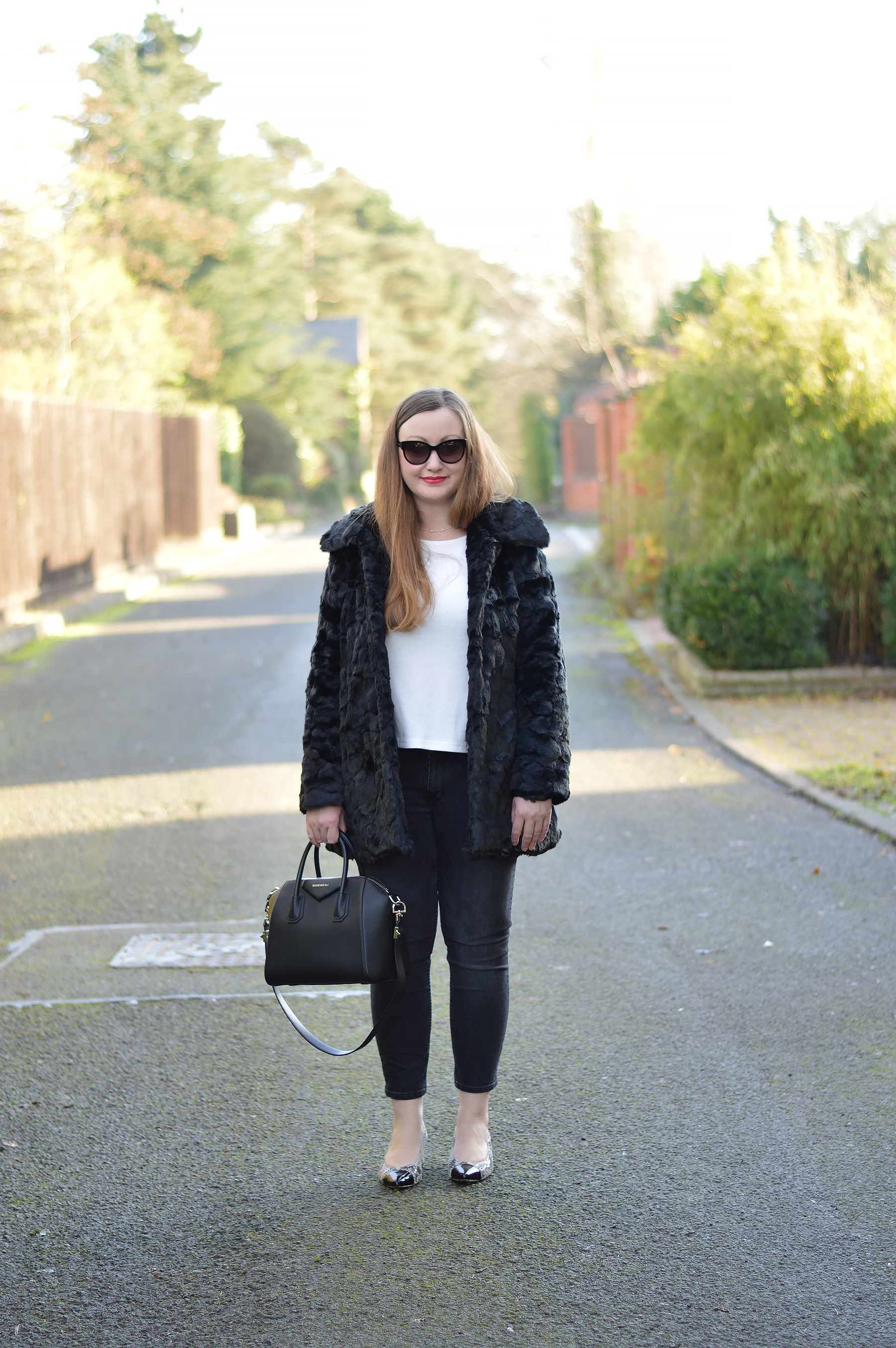 Black Fur Coat with ASOS white sweater and black cropped jeans