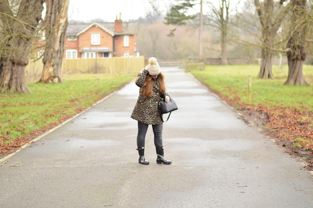 Animal Print Coat and Short Hunter Rain Boots JacquardFlower