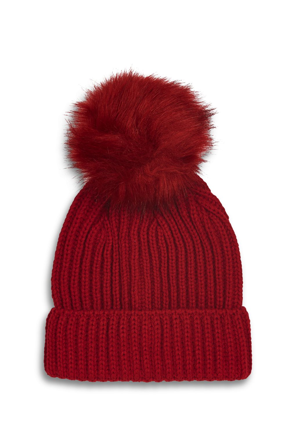 Topshop Red Bobble Hat with Fur Pom Pom 