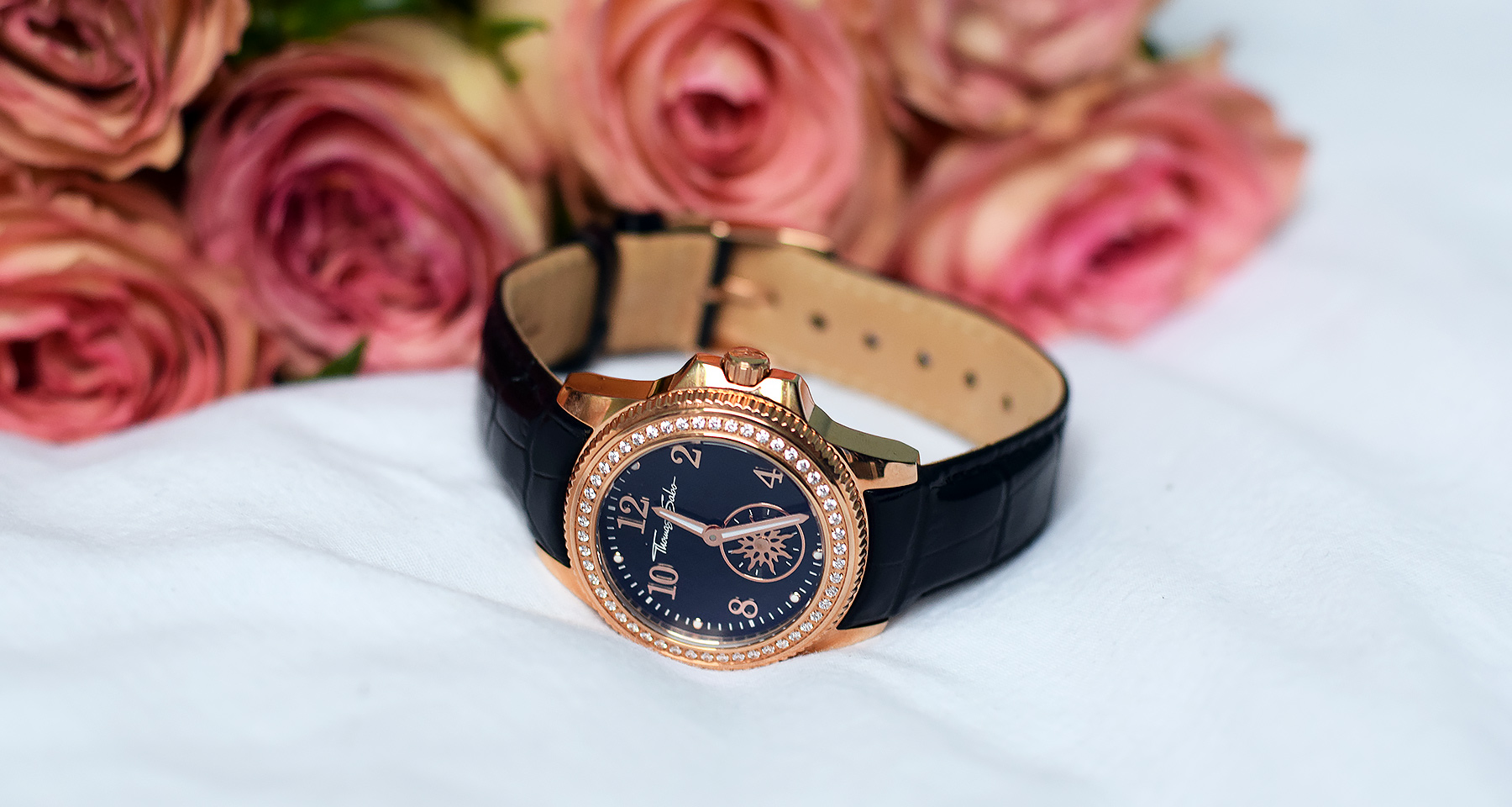 Thomas sabo crystal embellished rose gold watch with sun dial