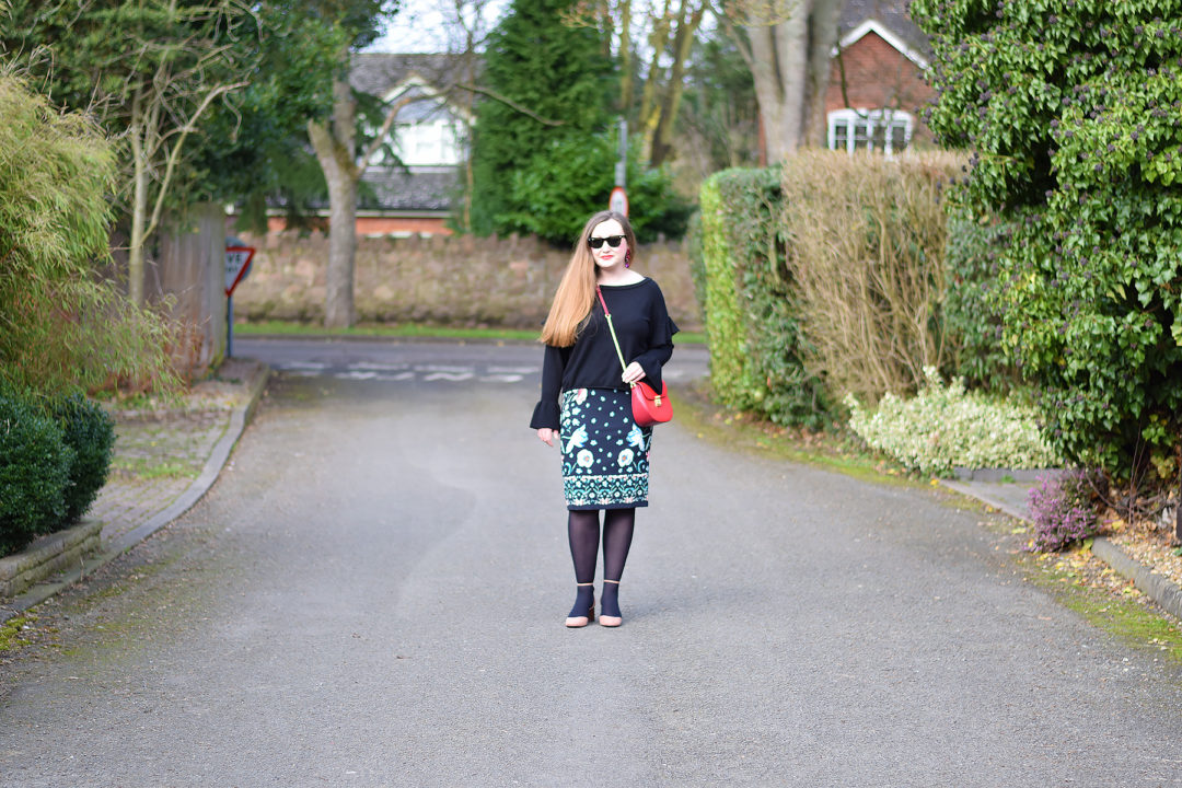 Zara ruffle jumper and floral pencil skirt outfit