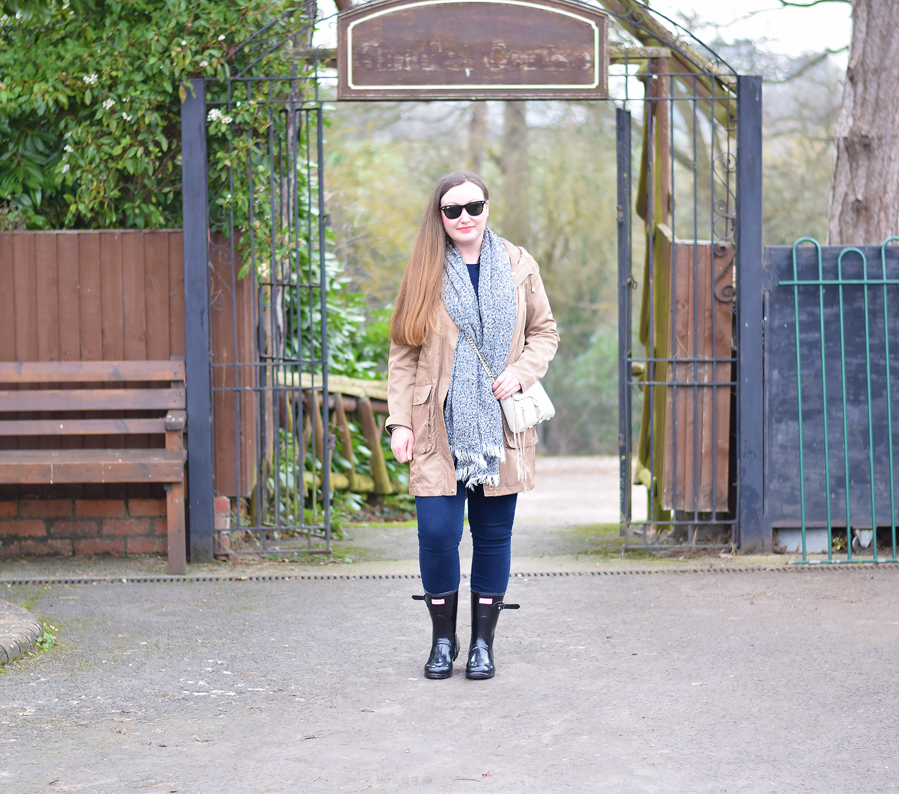 Beige mac with blanket scarf and hunter wellies