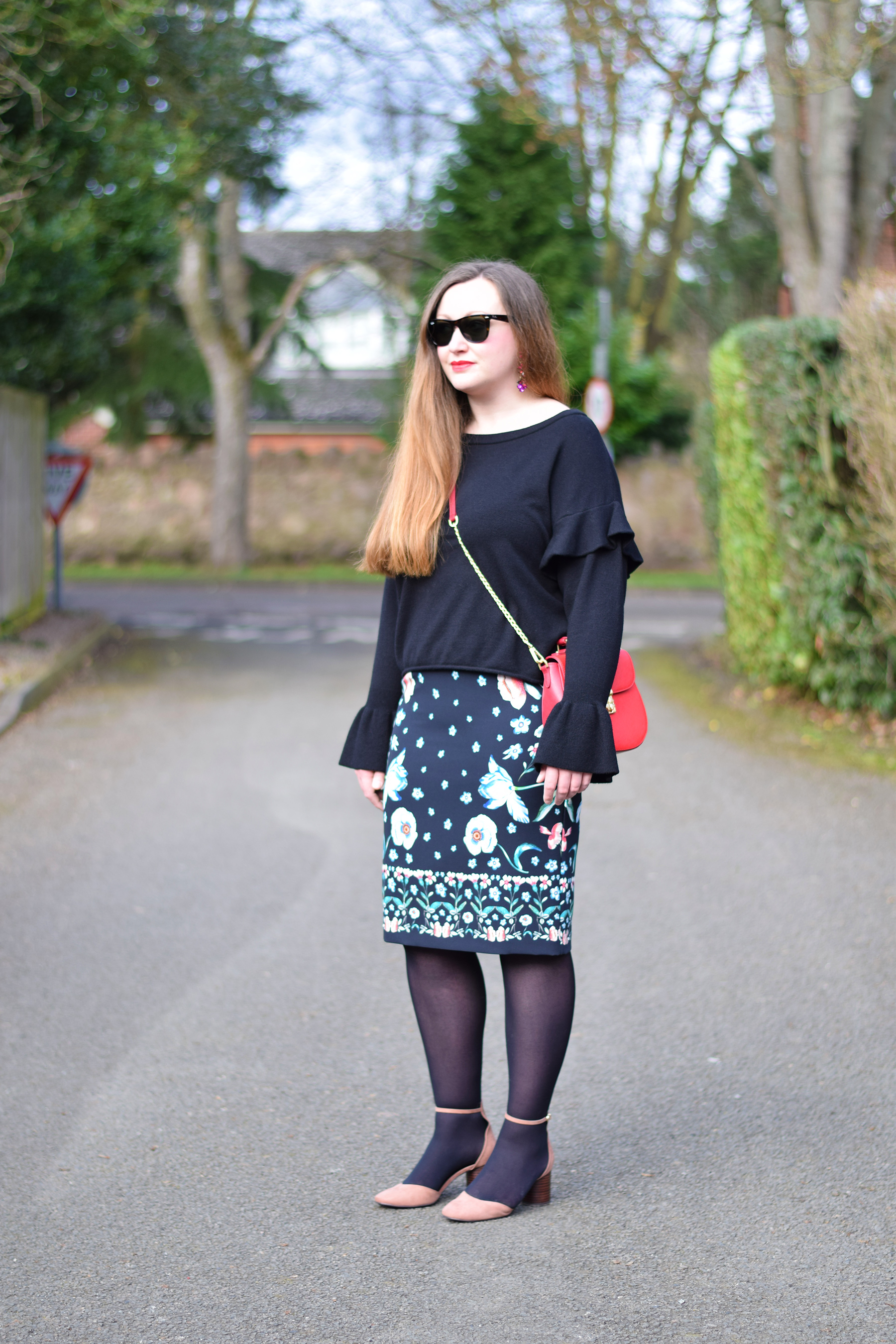Floral Pencil Skirt with black tights