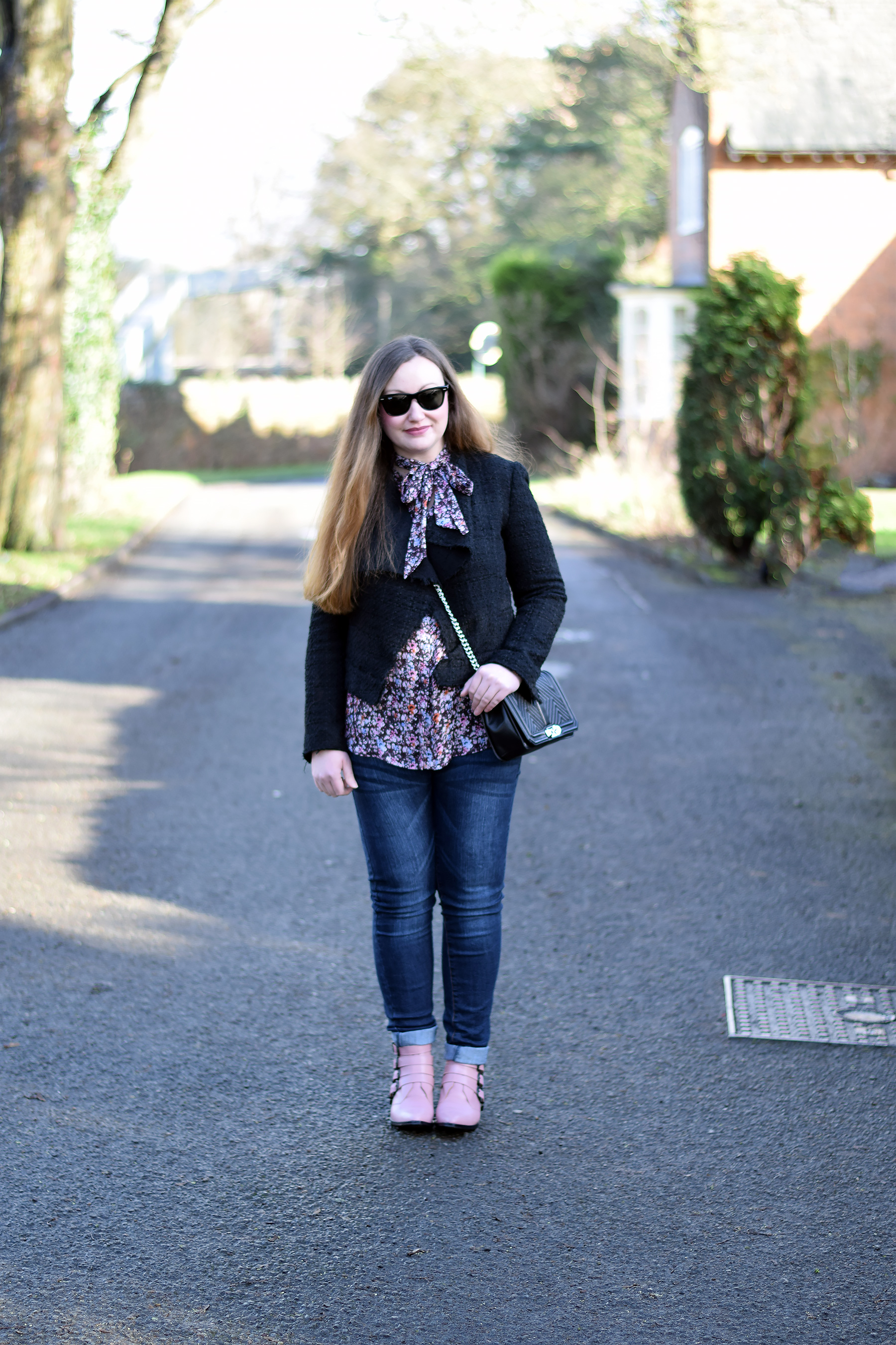 Zara Jacket and bow tie blouse with pink boots