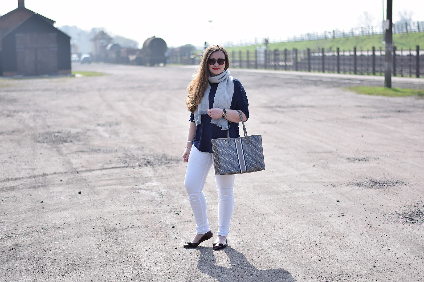 NAVY TOP WITH GREY GUCCI SCARF
