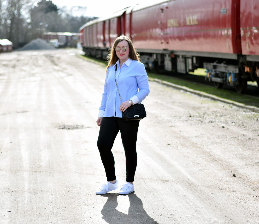 Blue Striped shirt with skinny jeans and trainers