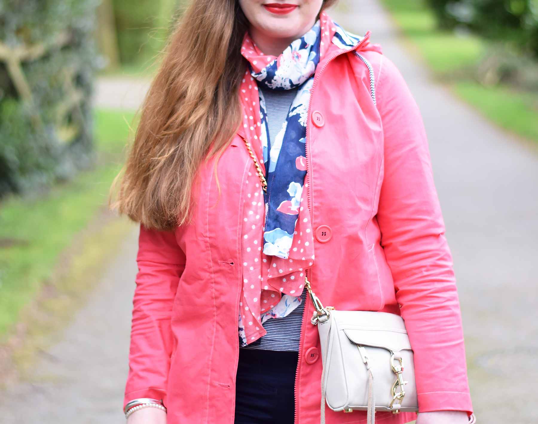 Pink mac with Tulchan floral spot scarf