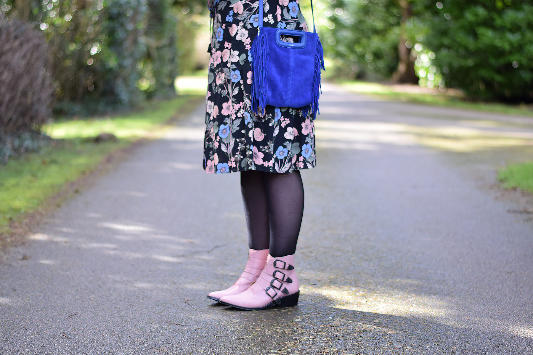 Maje M bag in blue with floral dress