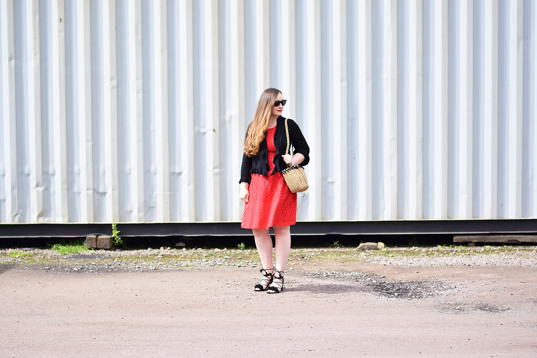 Red Dress and black cardigan