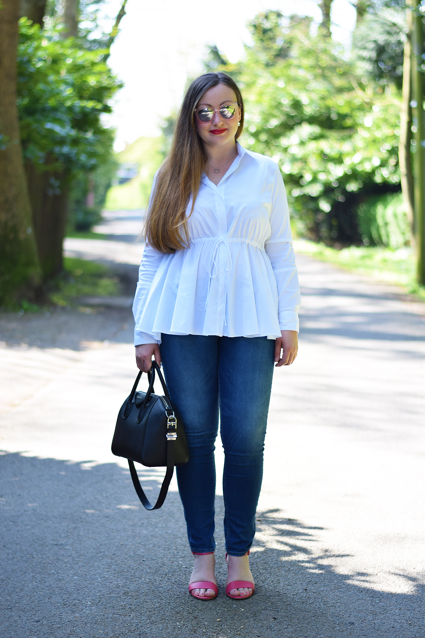 White shirt outfit with pink sandals