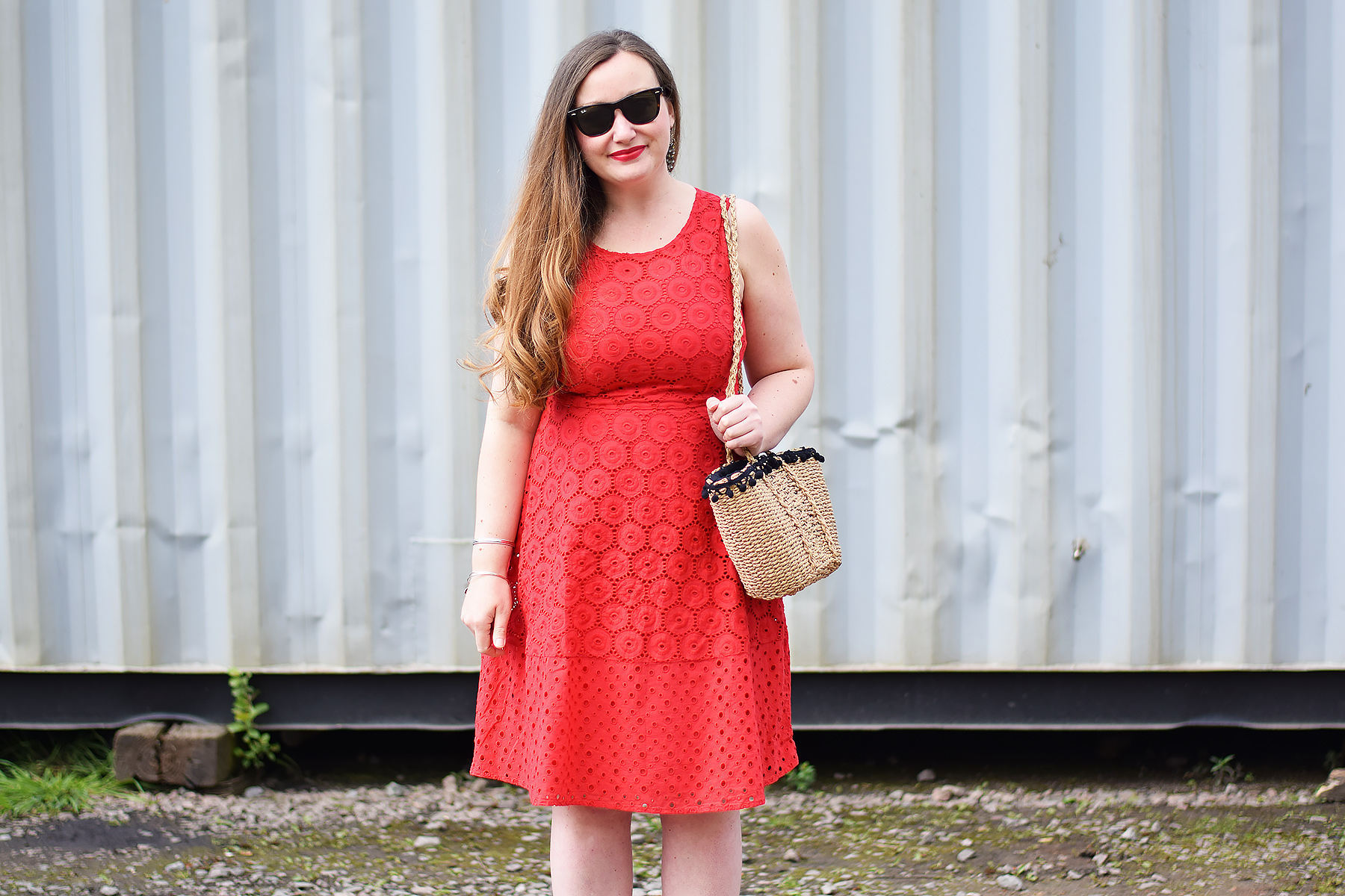 Red midi dress with embroidery and zara basket bag