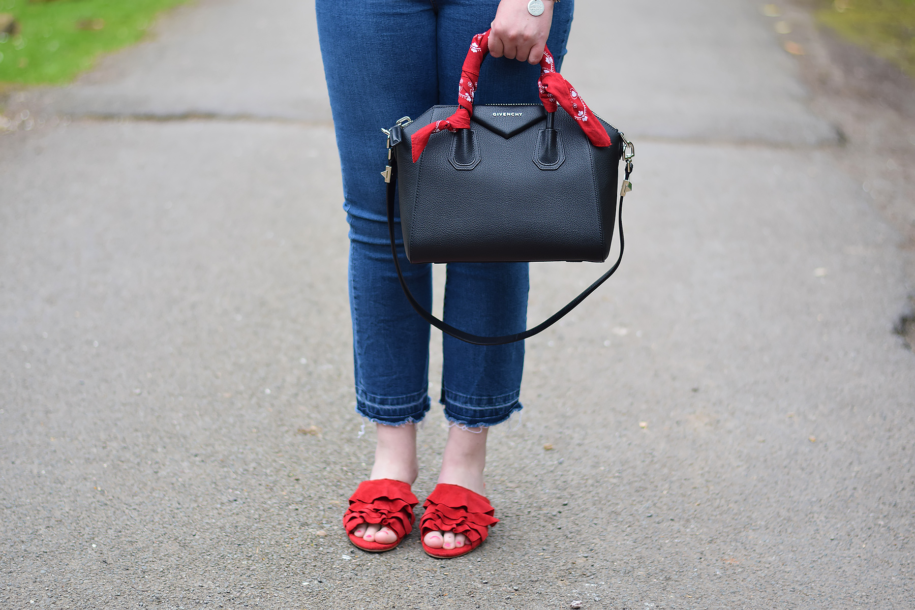 Topshop Ruffle mules Outfit with givenchy antigona
