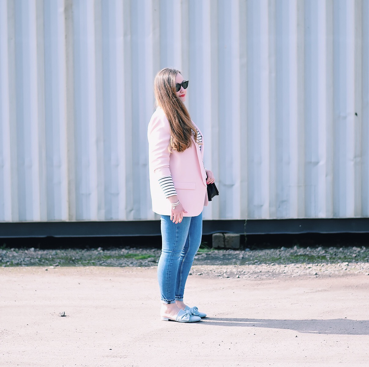 Pale pink jacket with jeans outfit