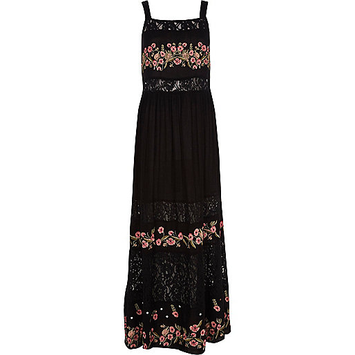 River island Black Floral Embroidered Maxi Dress