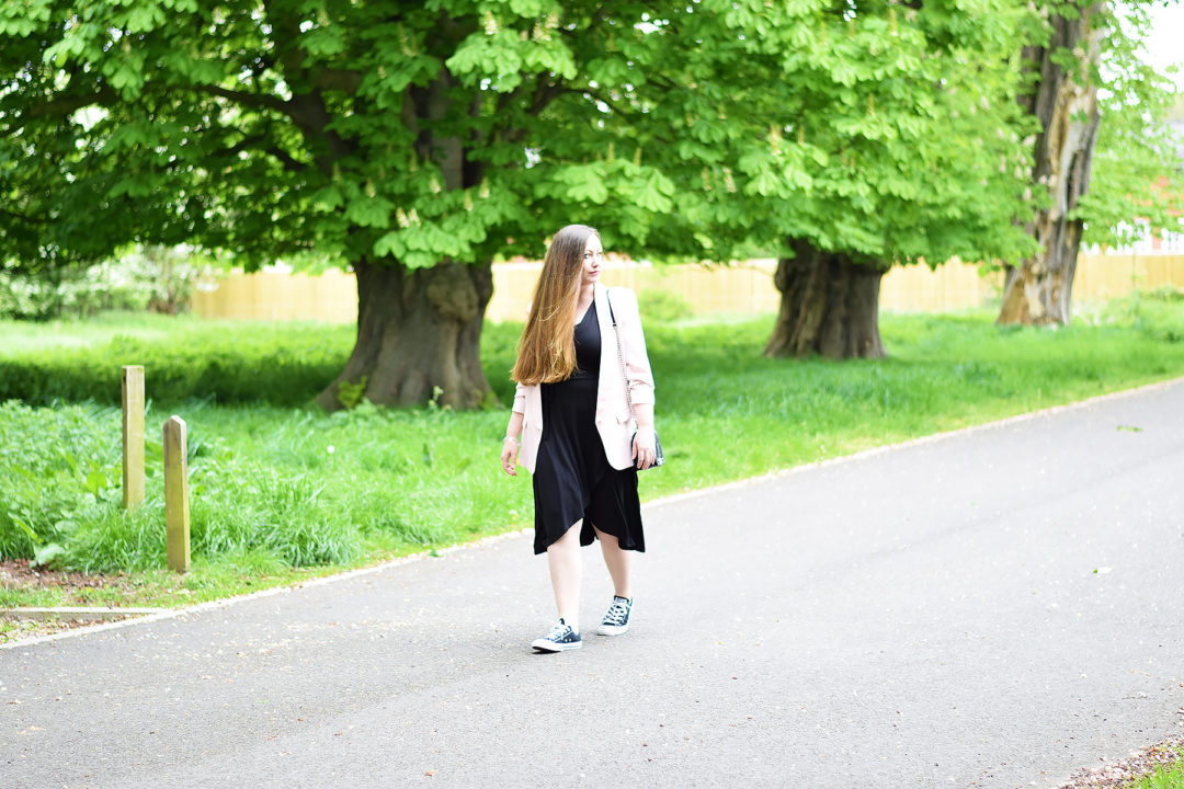 Asos Black wrap dress and trainers