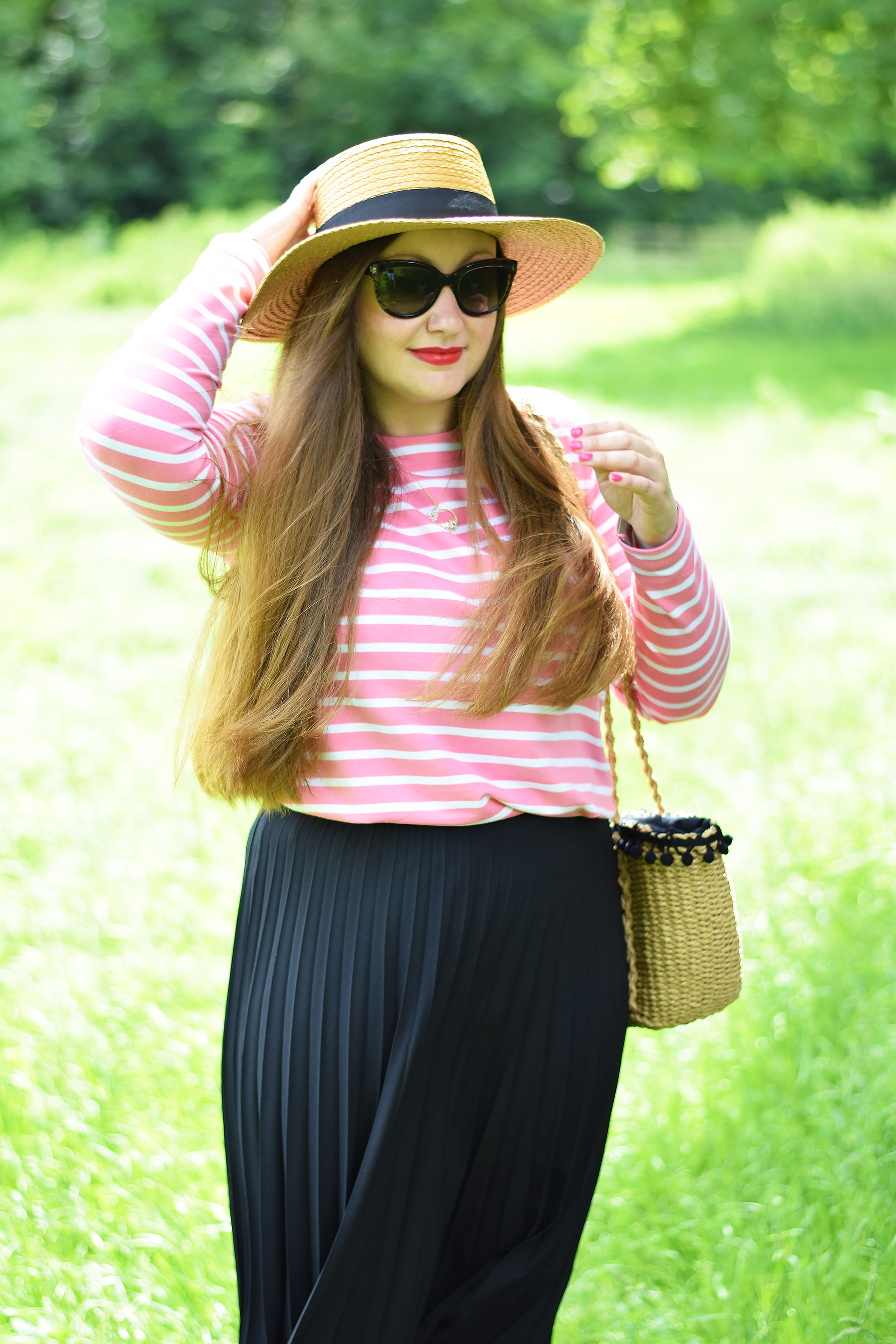 Striped top and midi skirt outfit